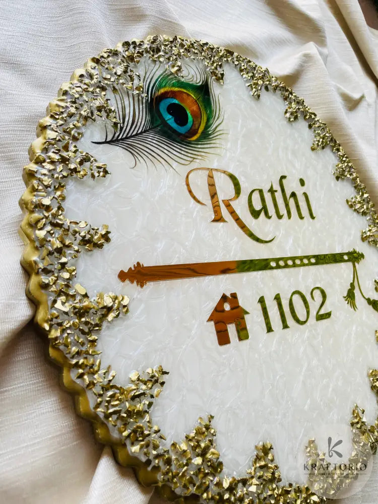 Divine Radha Krishna Theme Resin Nameplate | Exquisite White and Gold Customizable Name Plate with Peacock Feather and