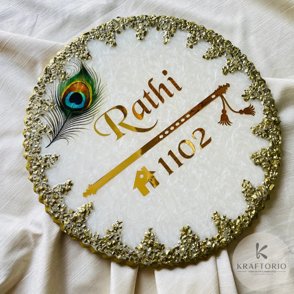 Divine Radha Krishna Theme Resin Nameplate | Exquisite White and Gold Customizable Name Plate with Peacock Feather and