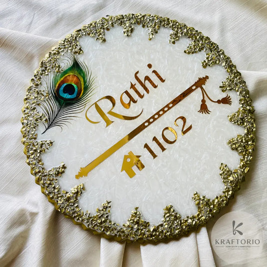 Divine Radha Krishna Theme Resin Nameplate | Exquisite White and Gold Customizable Name Plate with Peacock Feather and