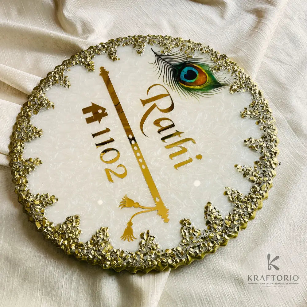 Divine Radha Krishna Theme Resin Nameplate | Exquisite White and Gold Customizable Name Plate with Peacock Feather and