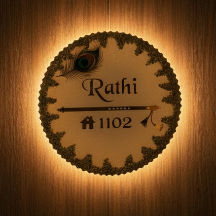 Divine Radha Krishna Theme Resin Nameplate | Exquisite White and Gold Customizable Name Plate with Peacock Feather and