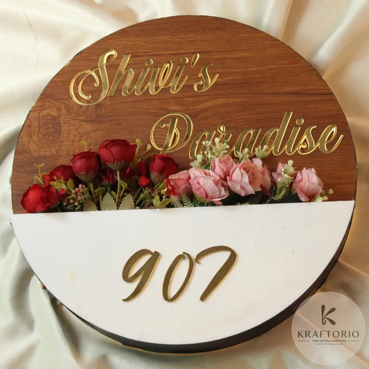 Floral Wooden & Acrylic Nameplate – Customized Home Entrance Board (With Golden Letters)