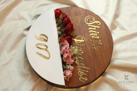 Floral Wooden & Acrylic Nameplate – Customized Home Entrance Board (With Golden Letters)