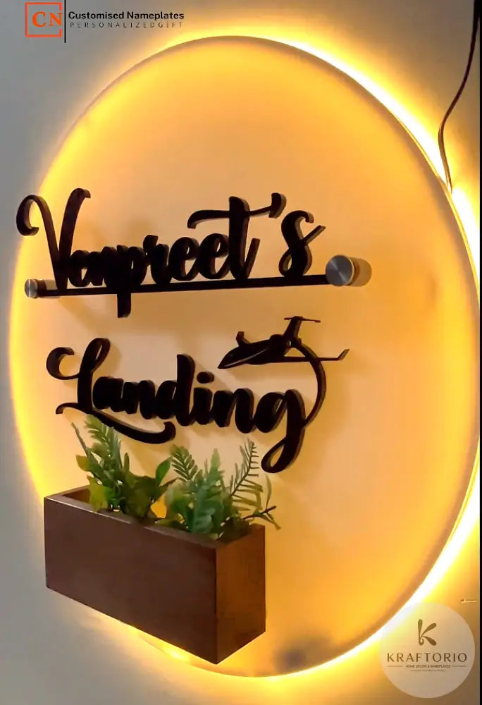 GlowBloom Round LED Nameplate with Planter – Custom Entrance Decor Board acrylic LEd nameplate Round