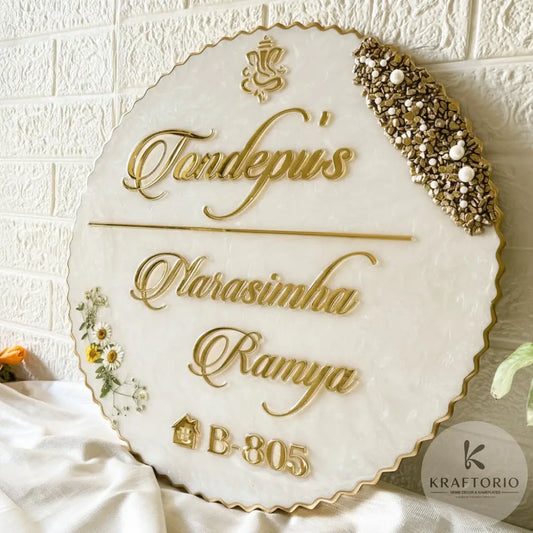 Imperial Pearl Resin Nameplate – Luxury Gold Finish with Embedded Flowers Custom Resin Nameplate,Handcrafted Name Board