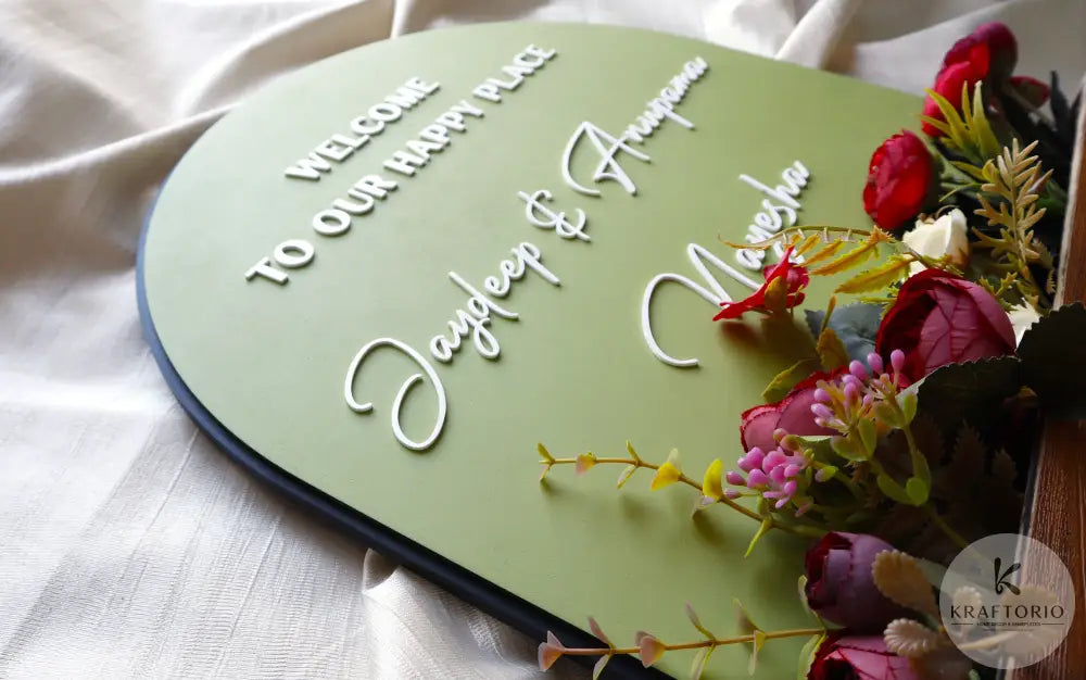 Kraftorio 3-Layer Wooden Floral Pot Nameplate | Personalized Home Name Board with Artificial Flowers | Black and Green