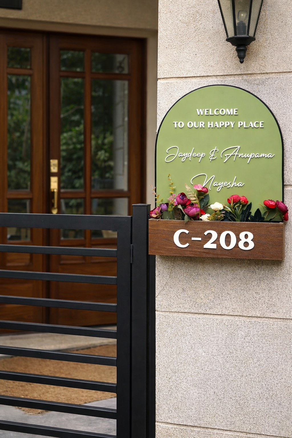 Kraftorio 3-Layer Wooden Floral Pot Nameplate | Personalized Home Name Board with Artificial Flowers | Black and Green Background