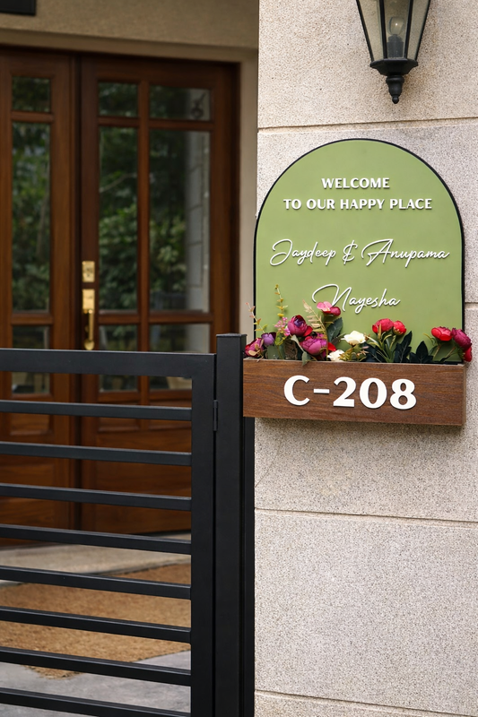 Kraftorio 3-Layer Wooden Floral Pot Nameplate | Personalized Home Name Board with Artificial Flowers | Black and Green Background