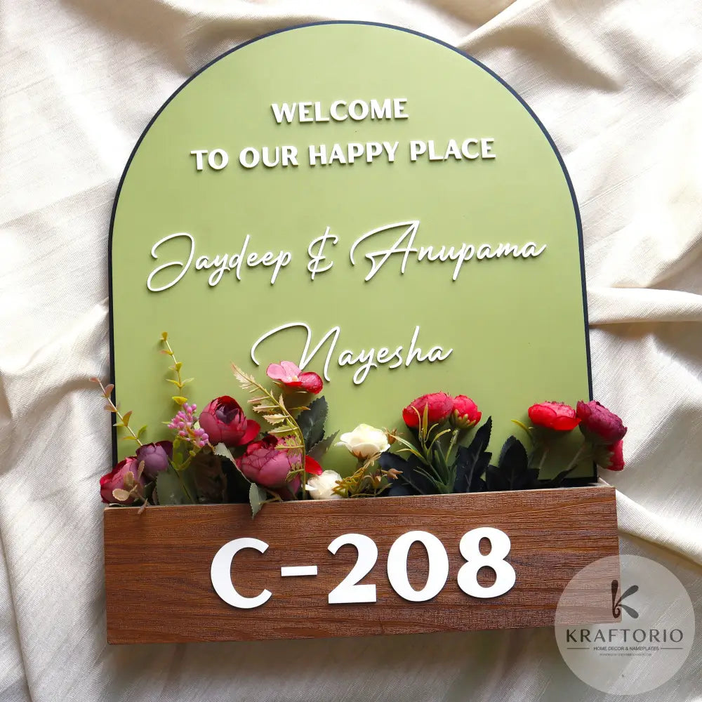 Kraftorio 3-Layer Wooden Floral Pot Nameplate | Personalized Home Name Board with Artificial Flowers | Black and Green