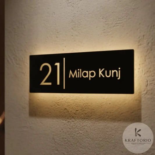 Kraftorio Custom Stainless Steel Name Plate | Powder-coated Matte Black House Number Plate | Modern Home Signage metal
