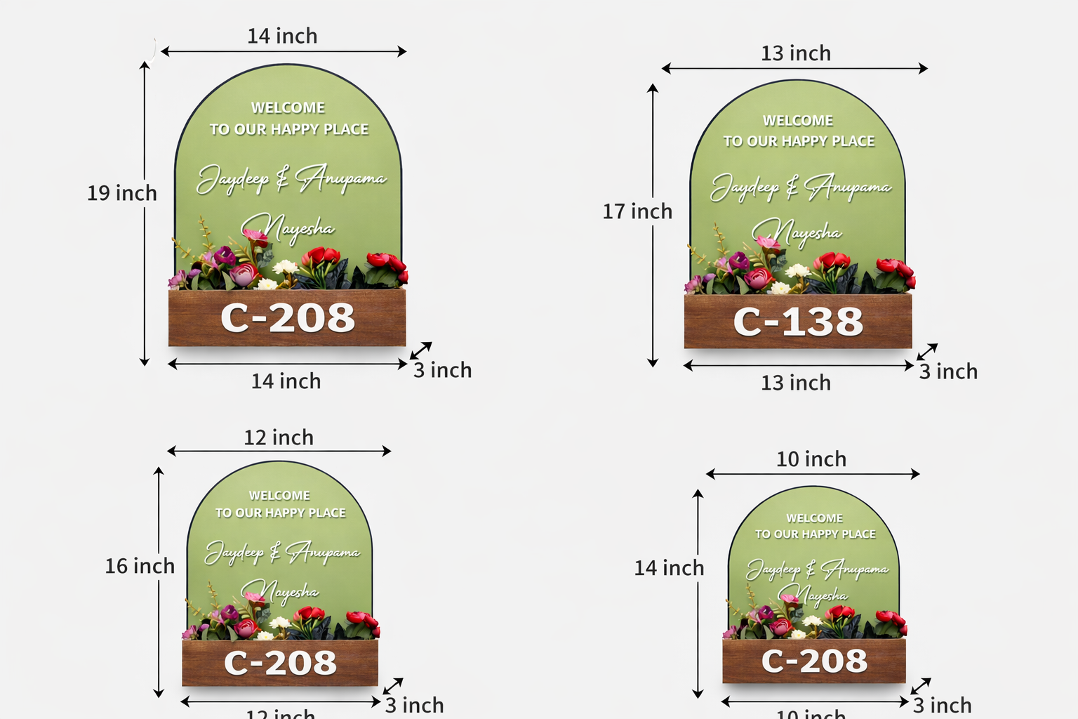 12x16 inch Kraftorio wooden floral pot nameplate showing size measurement, personalized home name board for entrance decor