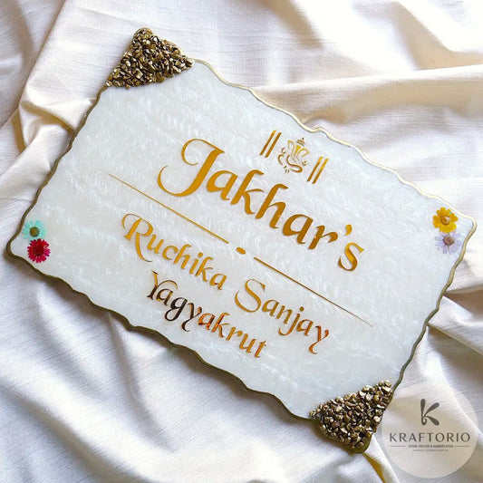 Luxury Resin Nameplate with Golden 3D Acrylic Font & Stone Corners | Custom Home Name Board with Floral Design | Elegant House Nameplate for Home Entrance