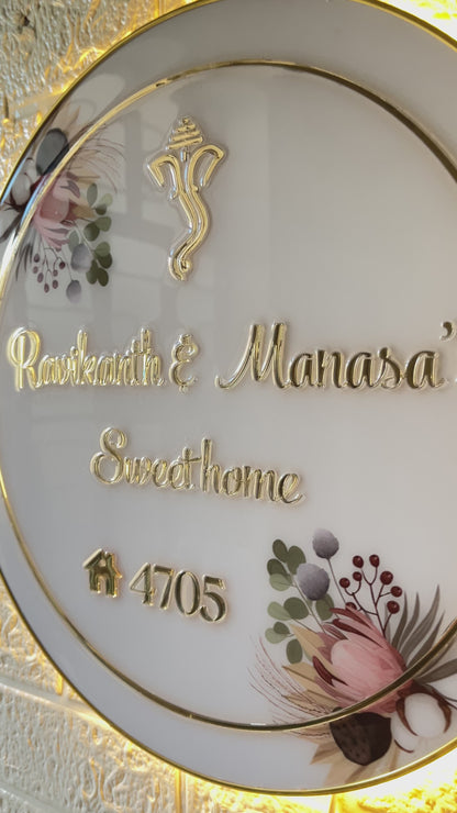 Round LED Acrylic Nameplate with Premium Glossy Resin Coating | 3D Golden Letters | Backlit Glow | Floral Design | Customized Home Name Plate